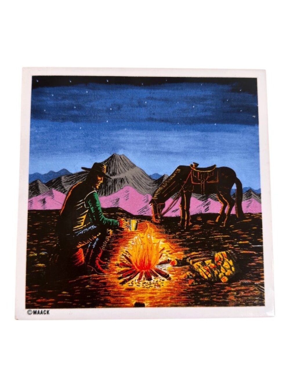 Vintage Maack Western Cowboy Horse Tile Coaster Trivet Decor Wall Hanging 6"